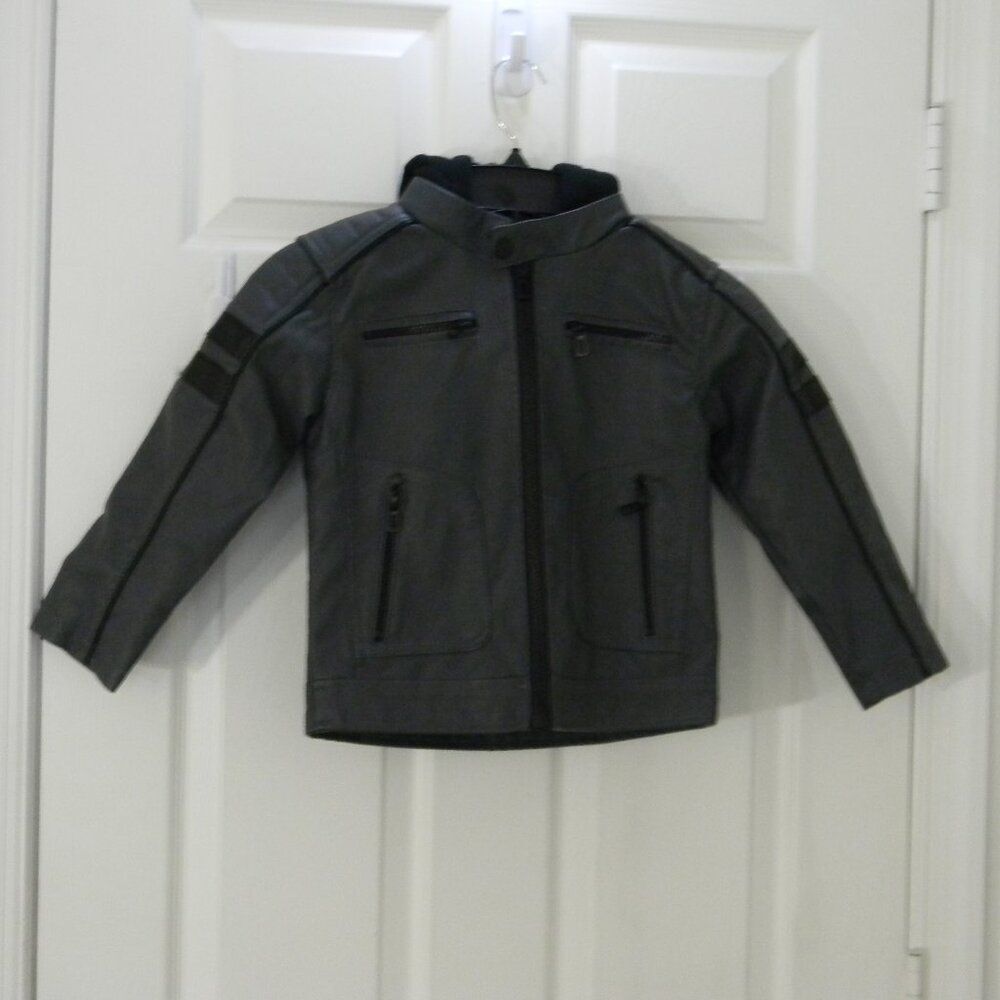 Distortion Faux Leather Boys Youth Moto Jacket Pockets Removable Hood Size 5 NWT